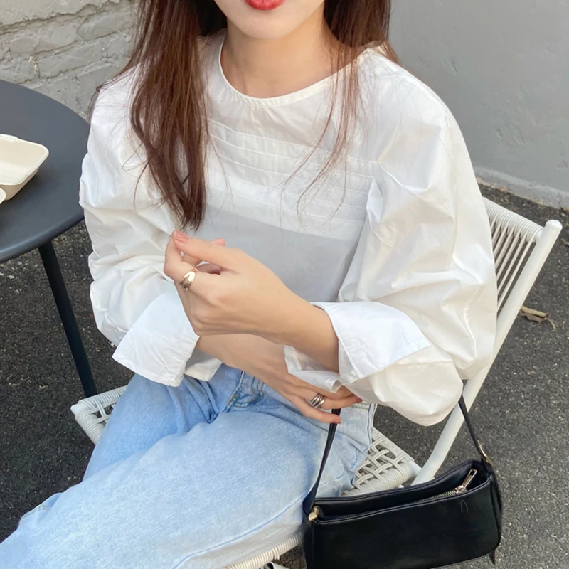 

KUSAHIKI Spring Puff Sleeve Korean Women Tops Causal O-neck 2021 Spring New Blouses Fashion Elegant Blusas Mujer De Moda 6G173