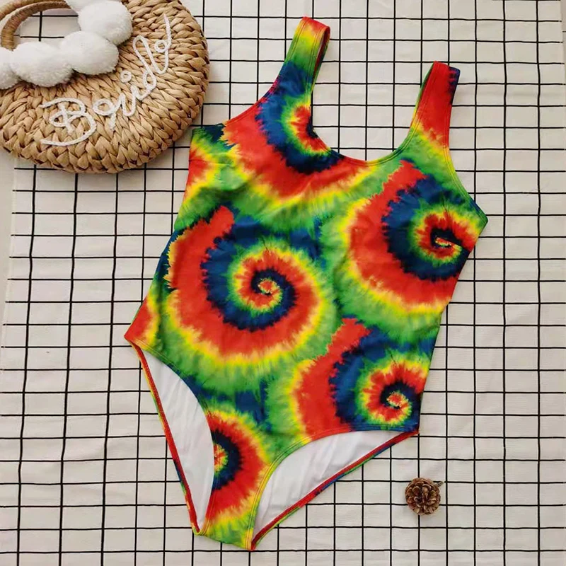 

2021 New Sexy Bikini One Piece Swimsuit Women Plus Size Colorful Print Swirl High Waist Big Ladies Bathing Suit Swimwear 4XL