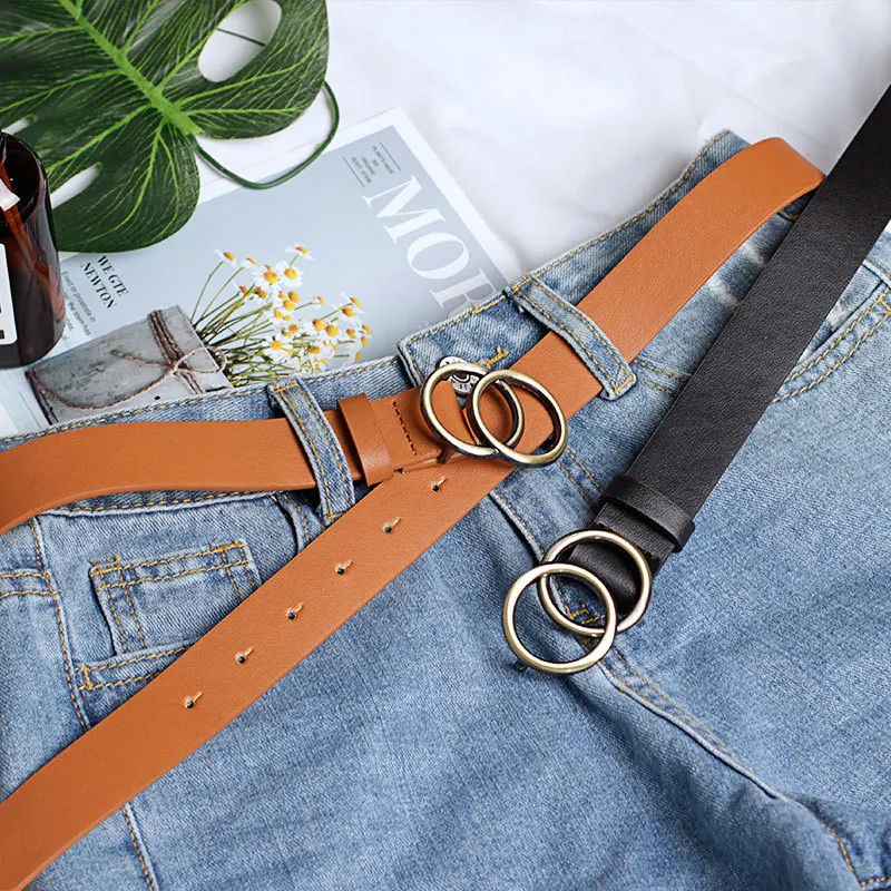 

Women Fashion Big Double Ring Circle Metal Buckle Belt Wild Waistband Ladies Wide Leather Straps Belts for Leisure Dress Jeans
