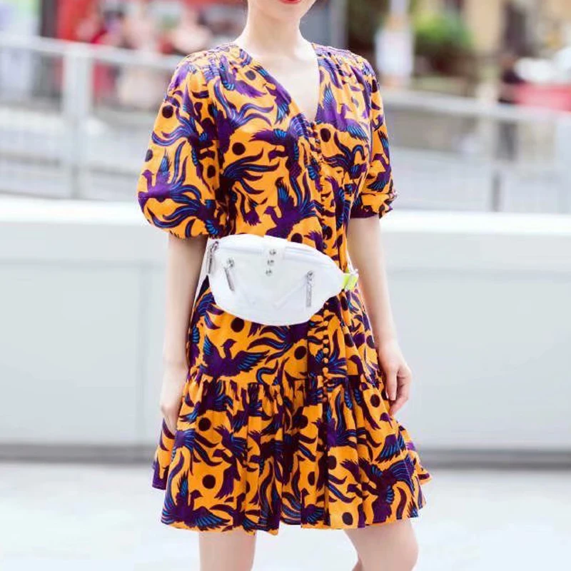New HIGH QUALITY Fashion 2021 Runway Dress Women's V-Neck short sleeve Button Floral Print Dress
