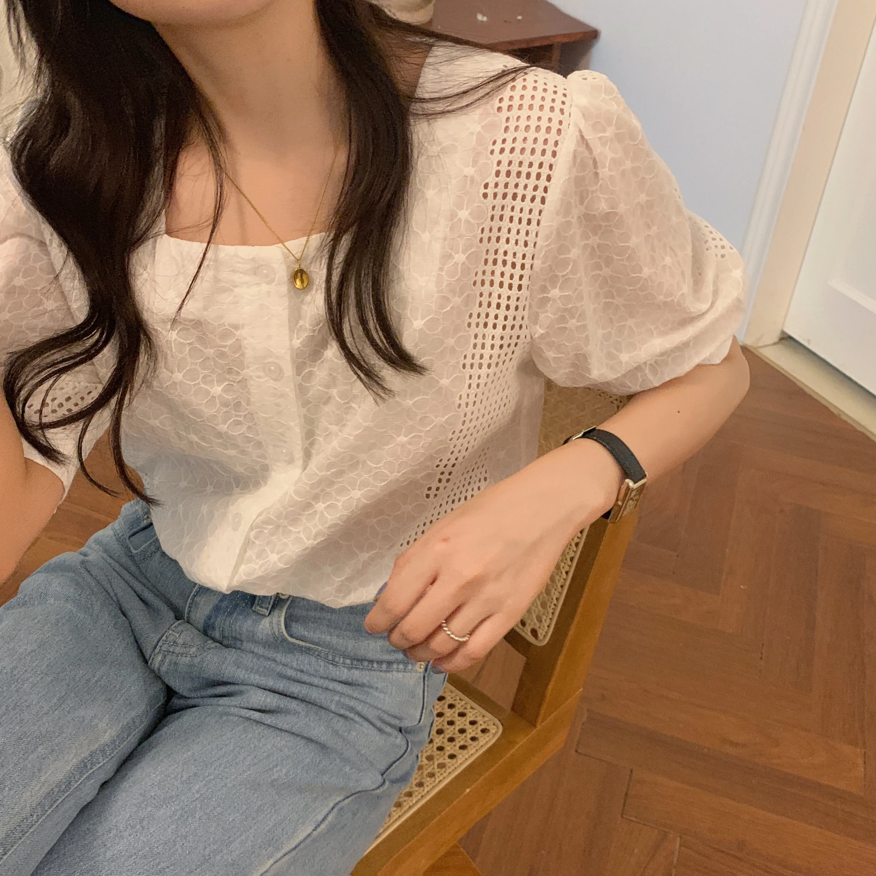 

Comelsexy Women Blouses 2020 New Summer Korean Style Embroidery Shirt Hollow Crochet Single-Breasted Lantern Sleeve White Tops