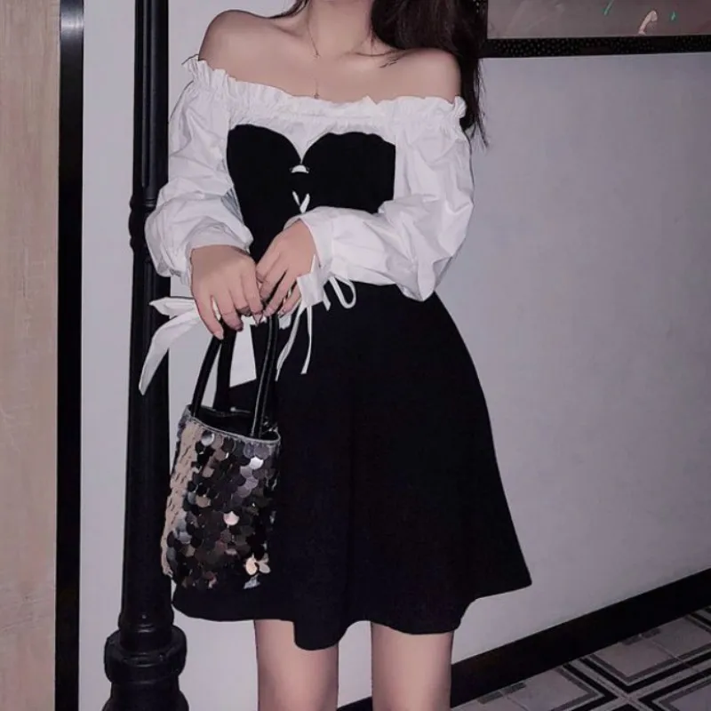 Леиона мини-платья с круглым вырезом на шее для женщин 2021 года, с патчворком и рукавами буфф, в японском стиле, сексуальные и сладкие, весна-осень, акция.