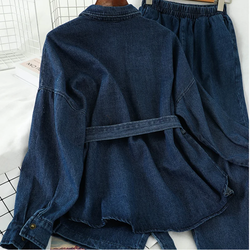 Gagarich Lady Denim Two Piece Set Vintage Lapel Button Sashes Tops Elastic Waist Straight Ankle Length Pants Spring Suits Chic |