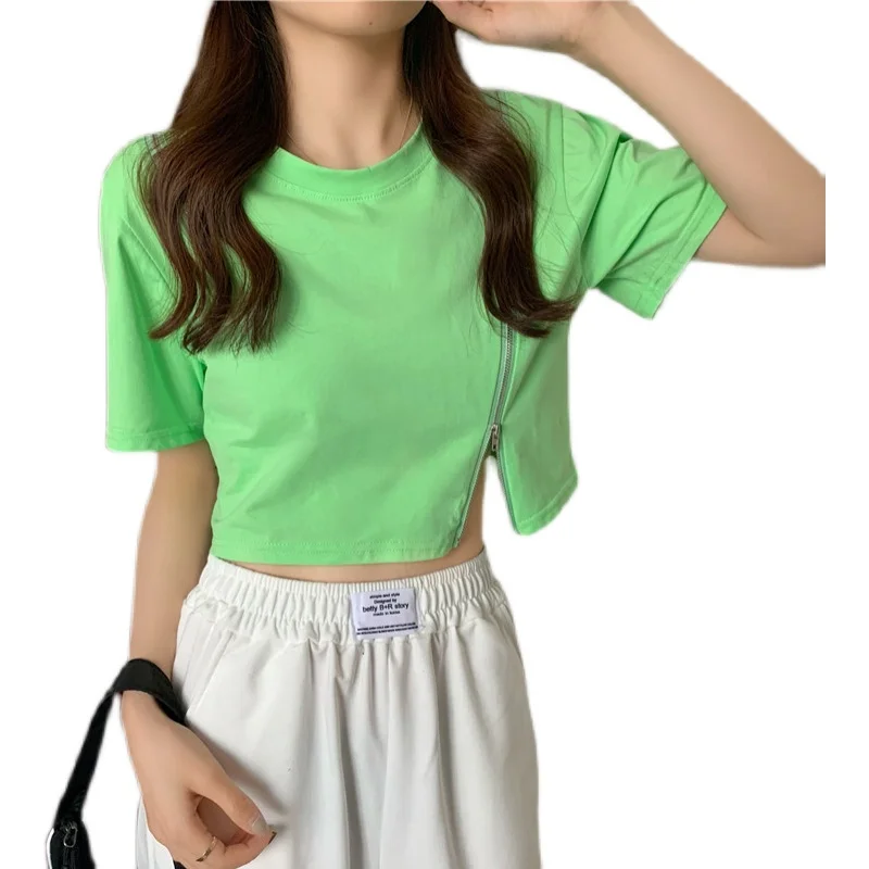 

Positive shoulder white short-sleeved t-shirt women 2021 new summer Korean style wild design zipper short top