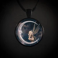 fashion fairy on moon necklace for women angel elves graceful art photo glass cabochon handmade necklaces pendants trinkets