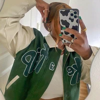 jessic autumn take a trip bomber jacket women grass green contrast sleeve bomber jacket with letter applique baseball jacket
