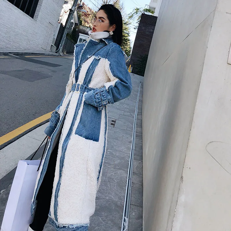 TWOTWINSTYLE Hit Color Patchwork Denim Tassel Trench Coats For Women Lapel Collar High Waist Sashes Windbreakers Autumn New