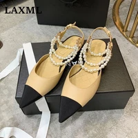 2021 new pointed sandals pearl chain breathable toe cap single shoes ankle straps color matching height increase womens shoes
