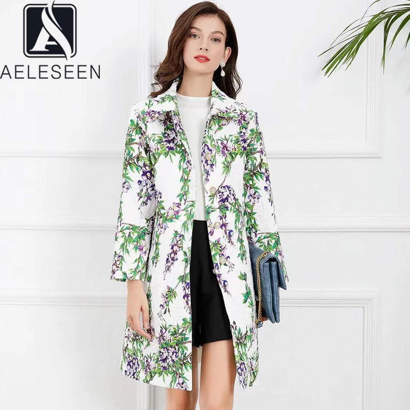 

AELESEEN Spring Autumn Women Trench Coat Runway Fashion Blue Purple Flower Print Jacquard Single Breasted Long XXL Loose