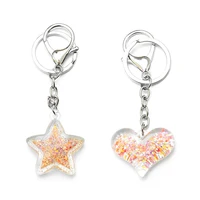 cute colors particles quicksand keychains lady transparent heart star key chains for women bags pendant keychain child key rings