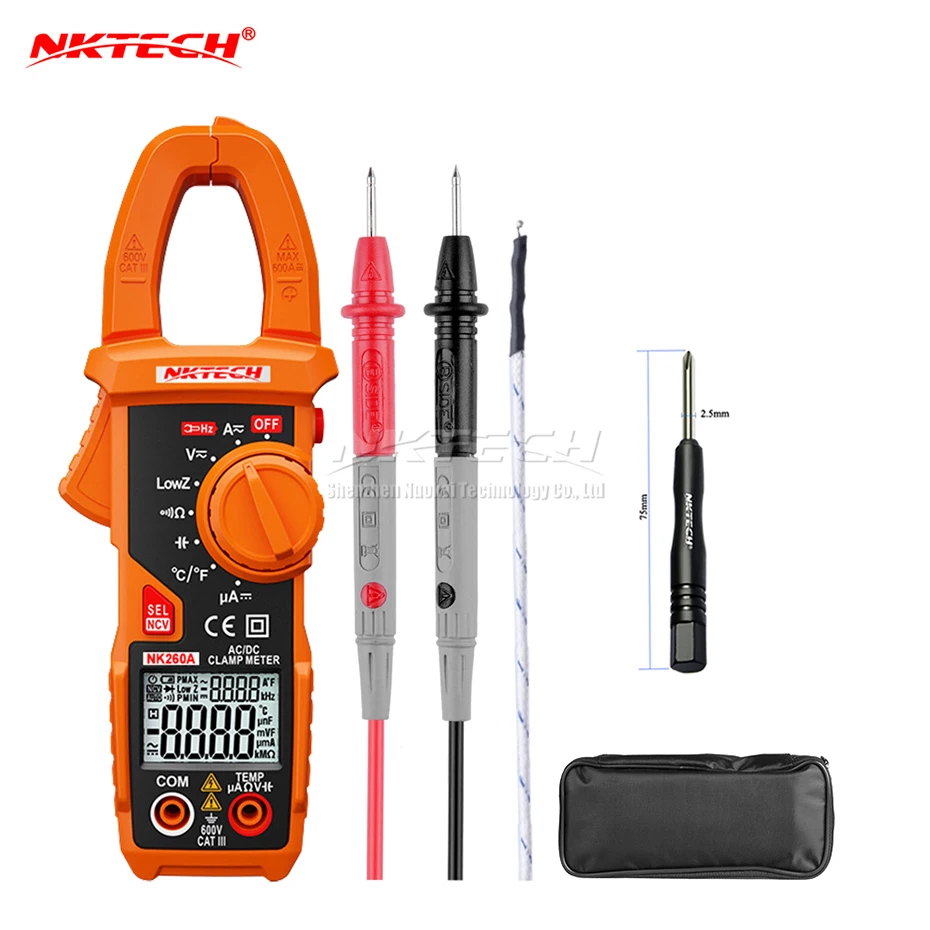 

NKTECH NK260A Digital Clamp Meter Temperature AC DC Volt Amp OHM Capacitance Frequency Auto Recognize V/Ohm/A Test NCV LowZ LPF