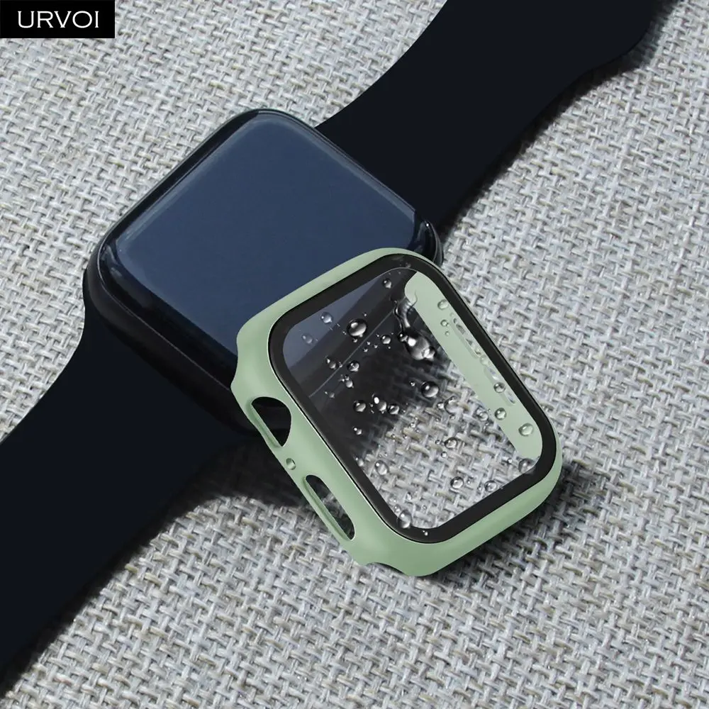 URVOI полное покрытие для Apple Watch series 5 4 3 2 Чехол 40 44 м матовый пластиковый бампер с закаленным стеклом для iWatch Pine Green band