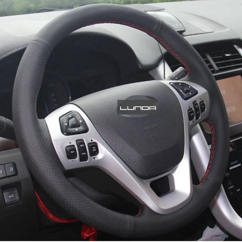Кожаный чехол LUNDA для руля автомобиля прошитый вручную Ford Edge 2011 2014 Explorer 2016 Taurus 2012