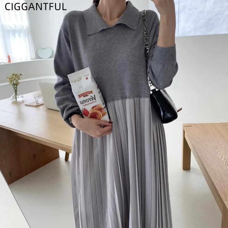 

Осенне-зимнее ретро платье с имитацией двух частей, Свободное длинное Плиссированное трикотажное платье, Женская Корейская шикарная винта...