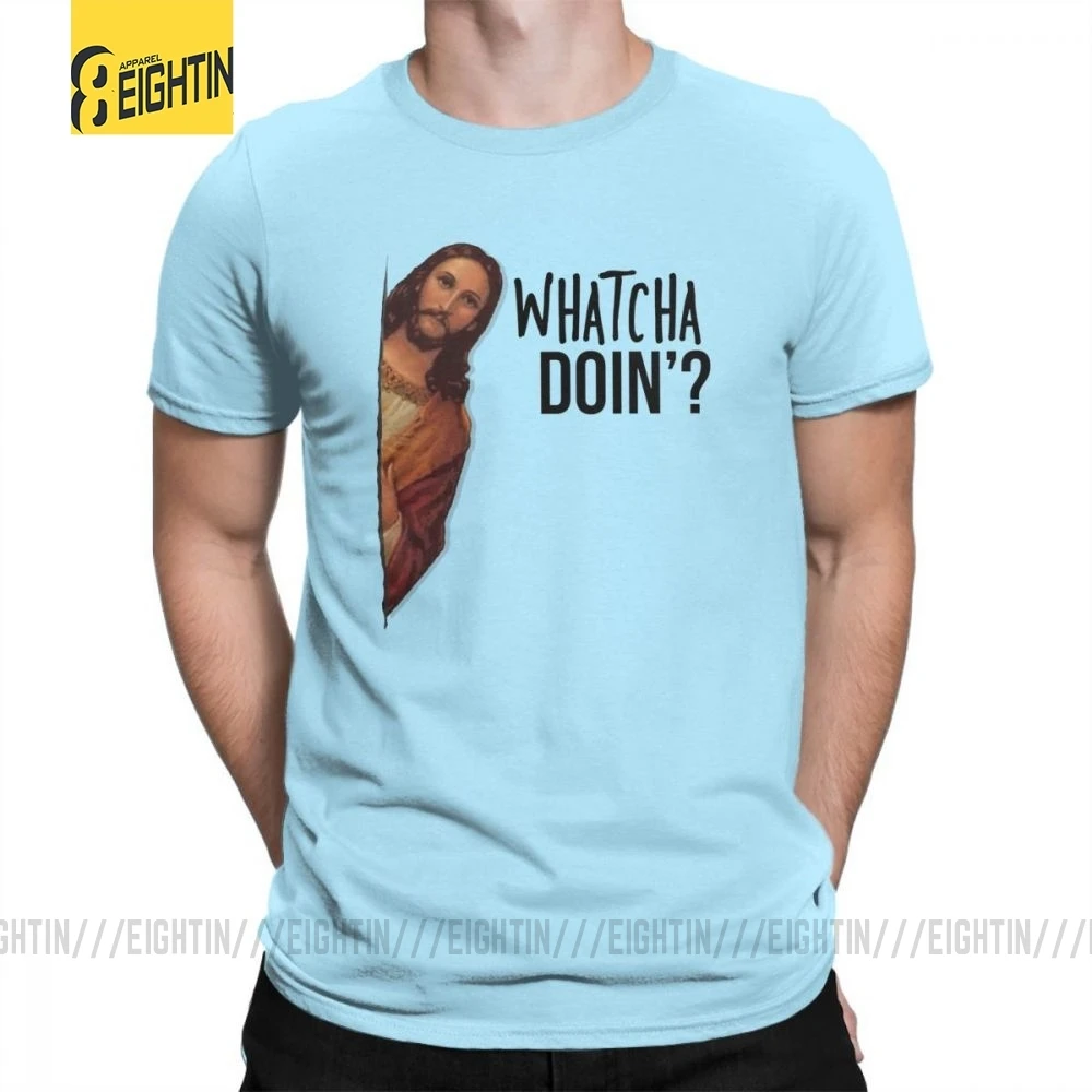 Футболки с надписью «Jesus Is Watching Meme», уникальные мужские футболки из хлопка, футболка с круглым вырезом и коротким рукавом, большие размеры, Новинка - Цвет: Небесно-голубой