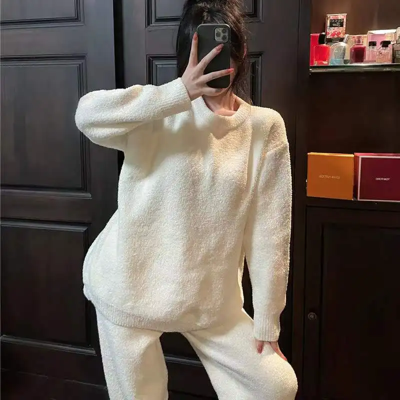 Pajamas Sets For Women Round Neck Casual Coral Fleece Pyjamas Suit 2Piece /Set Long-Sleeved Trousers Home Clothes Homewear