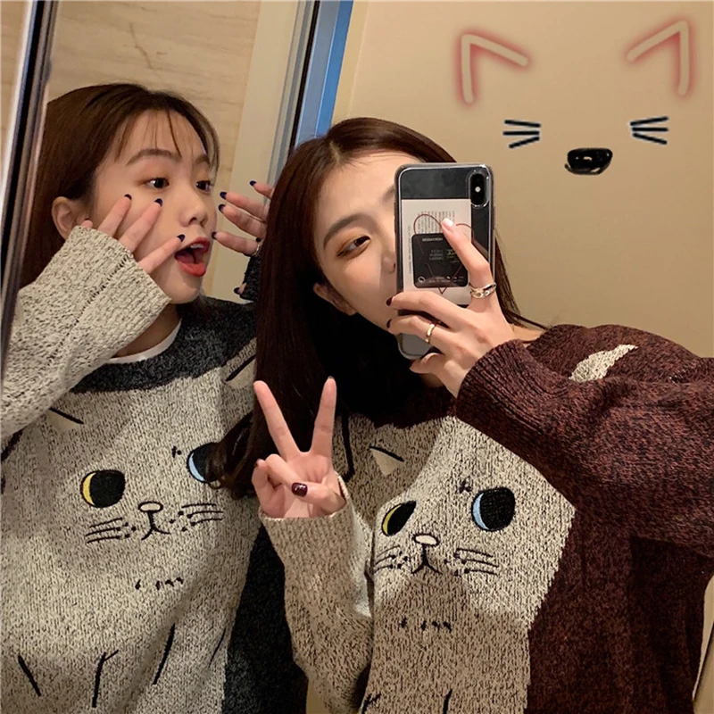 Женские свитера японский Kawaii Ulzzang Свободный Повседневный Ретро свитер с ленивым
