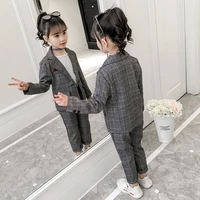casual wedding kids suit for girls long sleeve formal pant suits for teenagers 2pcs blazer set children cotton blazer zh145