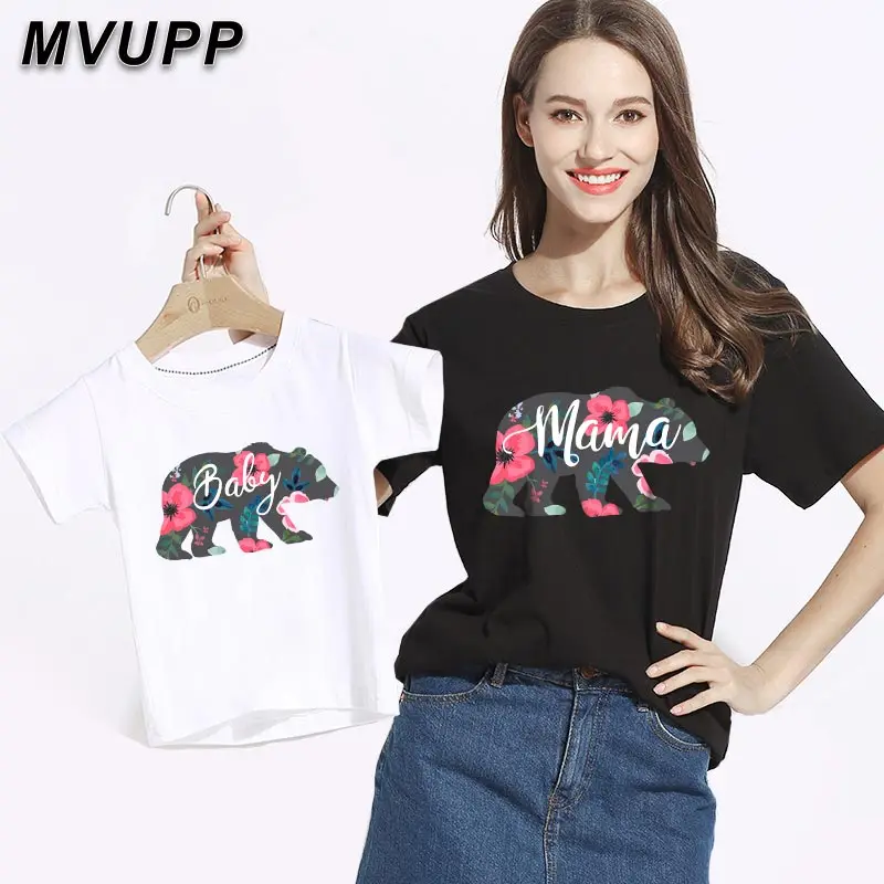 

cartoon cute bear mother and baby girl clothes family matching short sleeve tshirt mommy daughter kid outfits soft cotton shirts