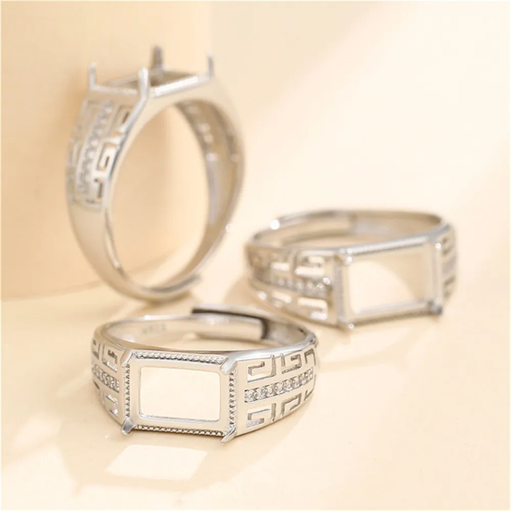 Ring Setting for 7x10mm Rectangle Cabochons Ring Blank White Gold Plated 925 Silver Zircon Adjustable Ring Base SR0153