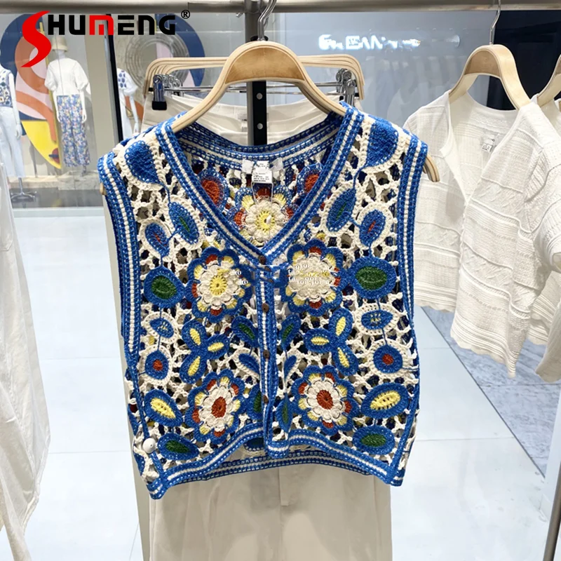 

Женский вязаный жилет с вырезами, кардиган без рукавов, короткий свитер с вышивкой, жилет, куртки, лето 2021