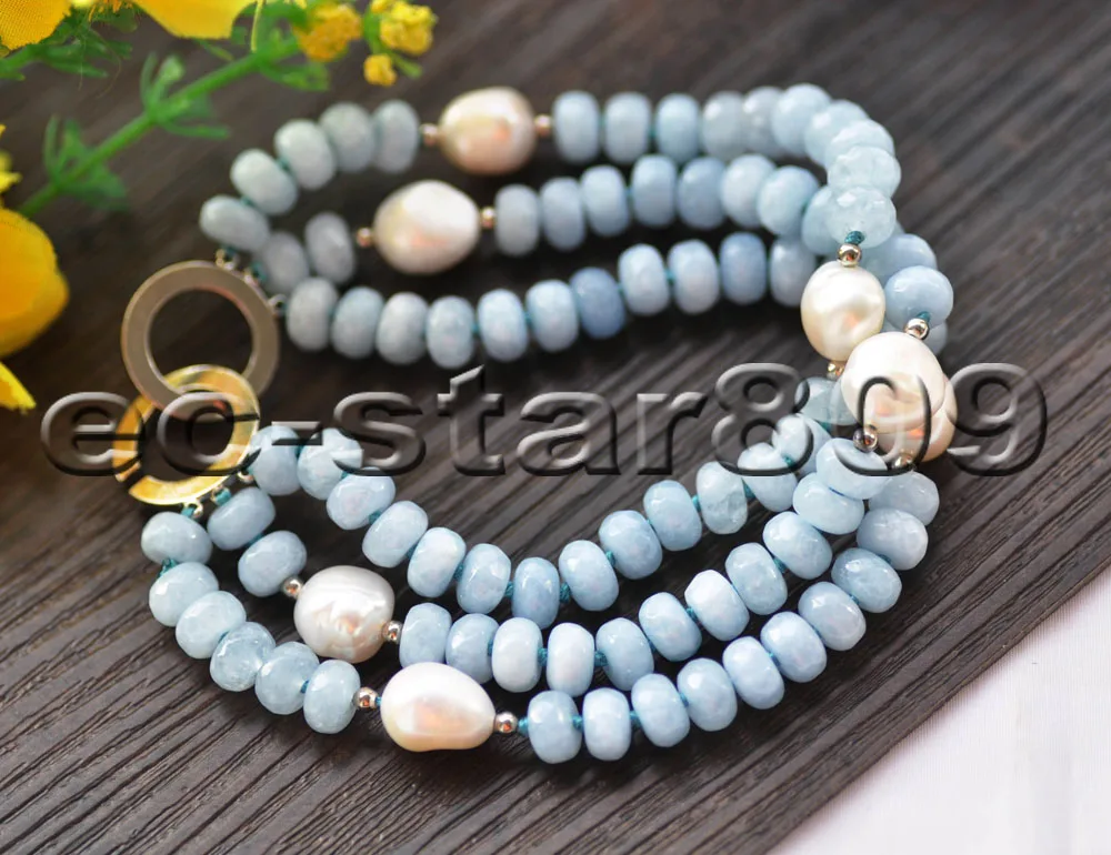 

Z10116 3Row 8" 8mm Roundel Blue Aquamarine White Pearl Bracelet