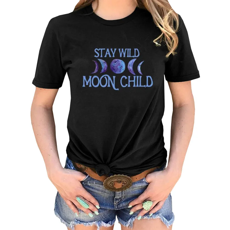 Gothic Women's Tshirt STAY WILD MOON CHILD Print T-shirts Female Short Sleeve Tees camiseta de las mujeres
