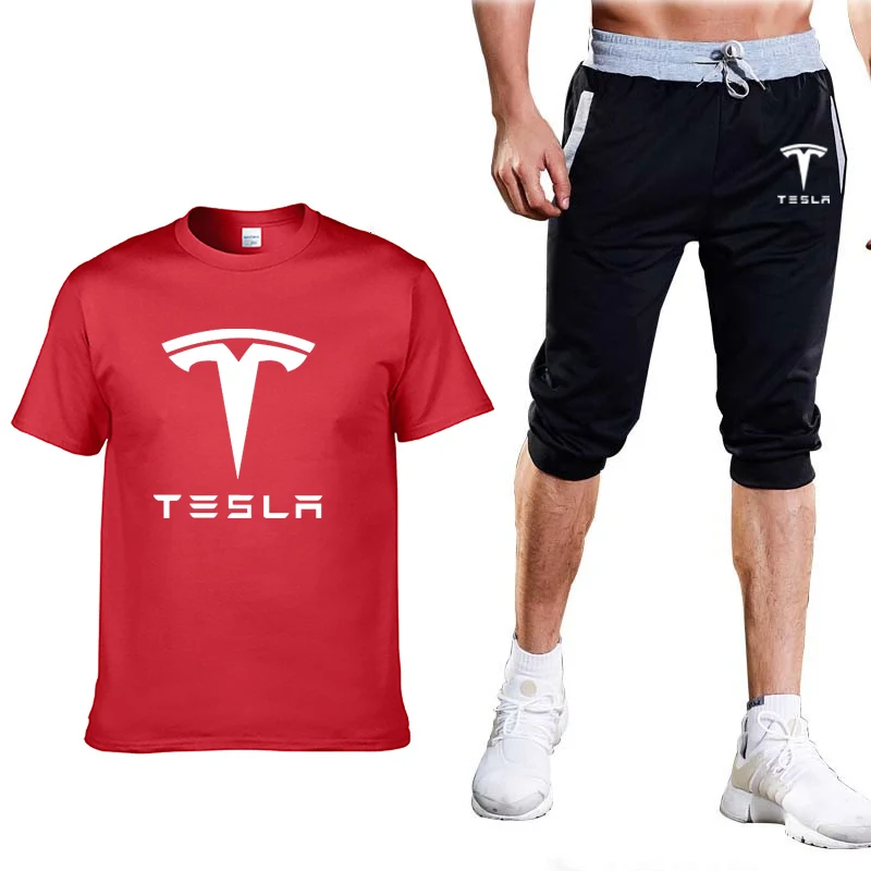 

2020 Summer Men's Suit Tesla Car Logo casual Solid color Cotton Crew neck Short Sleeve Mens T-Shirt+Pants Suit 2Pcs