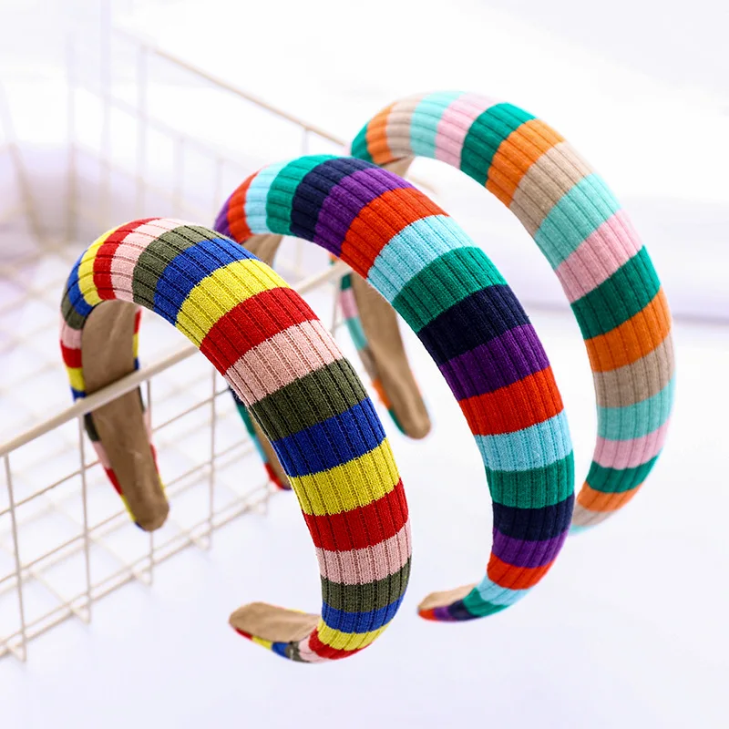 

ncmama Fashion Rainbow Headband Sponge Hairband Adult Wool Knit Hair Band Girls Patchwork Bohemian Hair Accessories Turban Adult