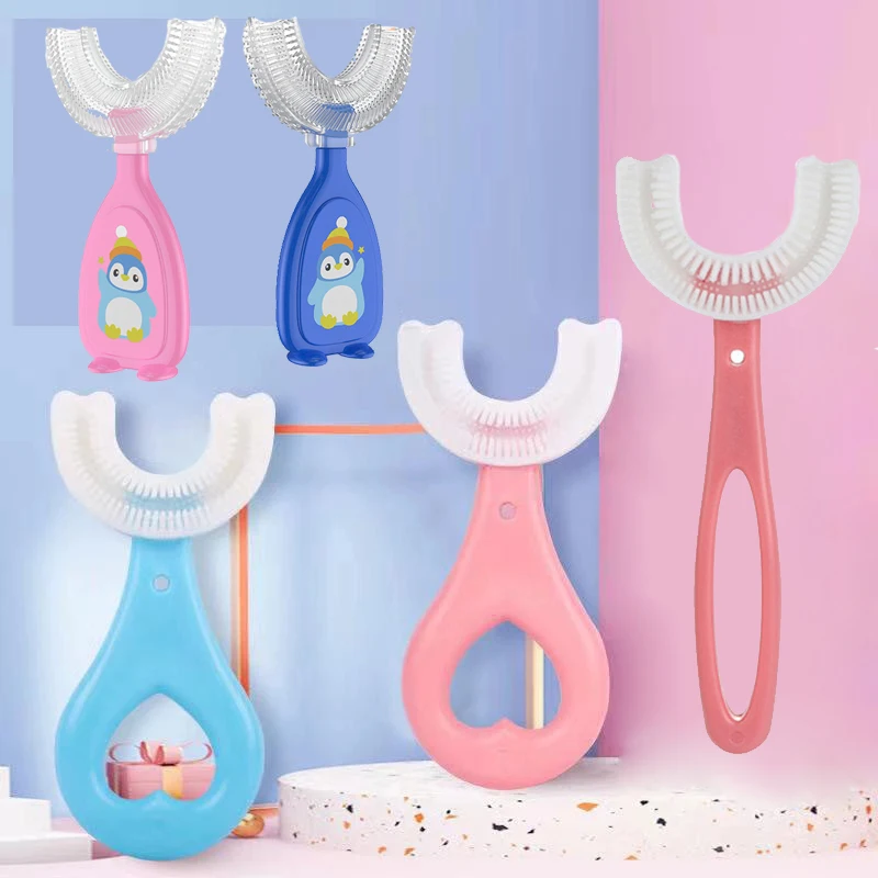 Cepillo de dientes en forma de U para ni&ntilde;os de 2 a 12 a&ntilde;os, cepillo de dientes infantil con mango de silicona, para el cuidado de limpieza Oral-0