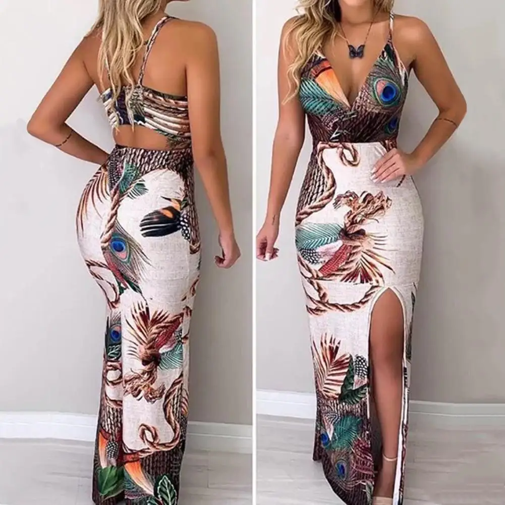 

Hot Women's Casual Peacock Feather Print Dress Thigh Slit Slip Dress Sexy Bandage Slim Fit Anke-Length Sundress