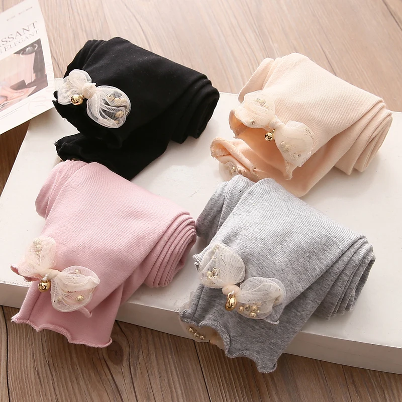 Новинка осень-весна 2024, Детские хлопковые лоскутные леггинсы с жемчугом и бантом для девочек, Размер 90-140 см