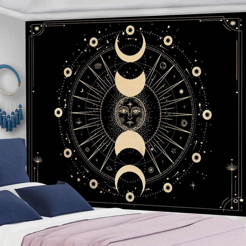 

Golden Sun Moon Tapestry Wall Hanging Indian Mandala Boho Printed Psychedelic Tapiz Witchcraft Wall Cloth Tapestries