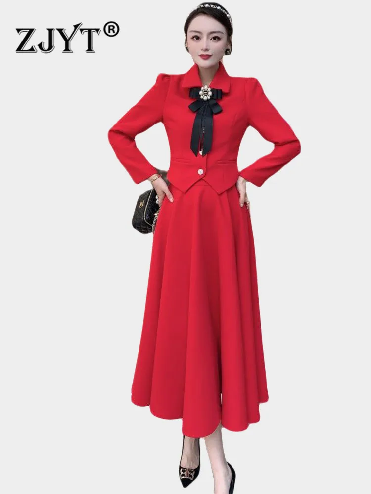 

Женский офисный костюм из двух предметов, элегантный красный блейзер с длинной юбкой и бантом, весна 2022