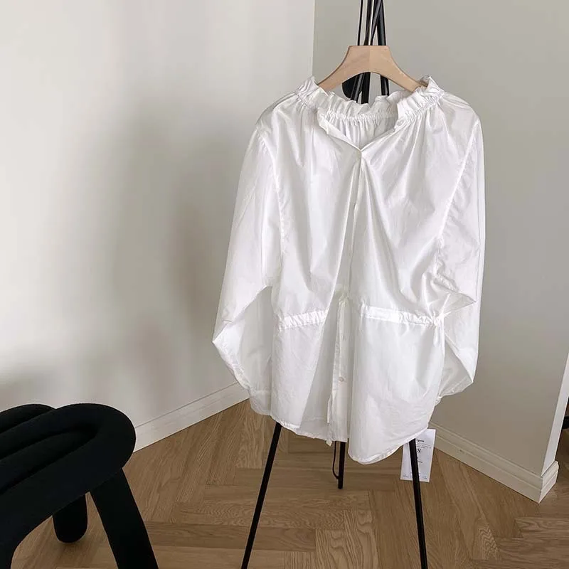 

2021 Summer Women Shirts Dress Waist Drawstring New 4-color Loose Shirt Korean Women's Casual Fashionable Long Sleeve Cardigan