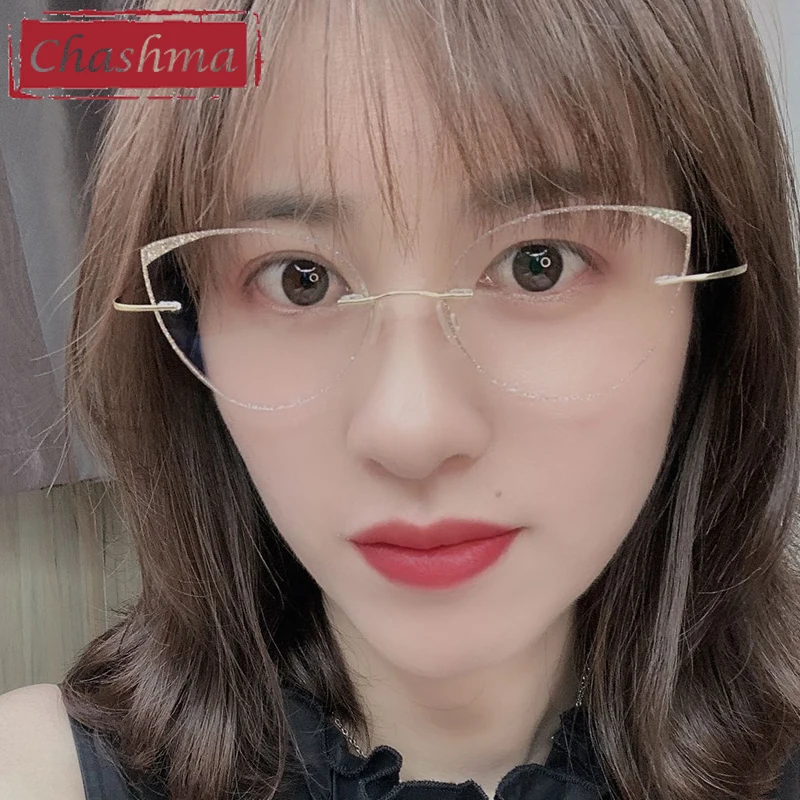 

Chashma Cat Eye Glasses Women Transparent Lenses 2 g Pure Titanium Light Eyeglasses Anti Reflective Rimless Eyewear for Female