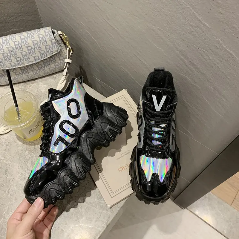 

Thick Platform Shoes Women 2020 Fashion High Heel Letters Shine Flat zapatos de mujer Sneakers Casual Designers Brand Shoes