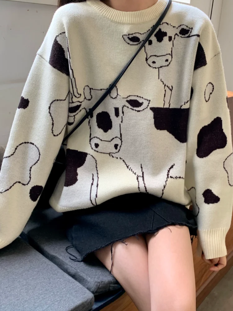 

2021 Vintage Casual Loose Lazy Cow Sweater Female Korean Harajuku Women's Sweaters Japanese Kawaii Cute Clothing for Women