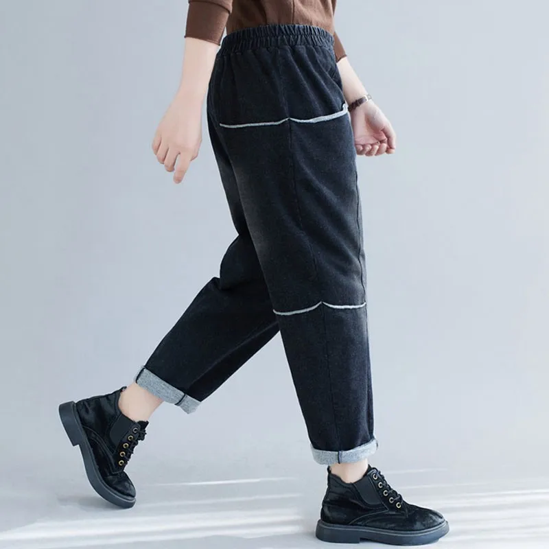 

Women Loose Casual Jeans New Arrival 2020 Autumn Simple Style Vintage Solid Color Elastic Waist Female Denim Harem Pants S2746