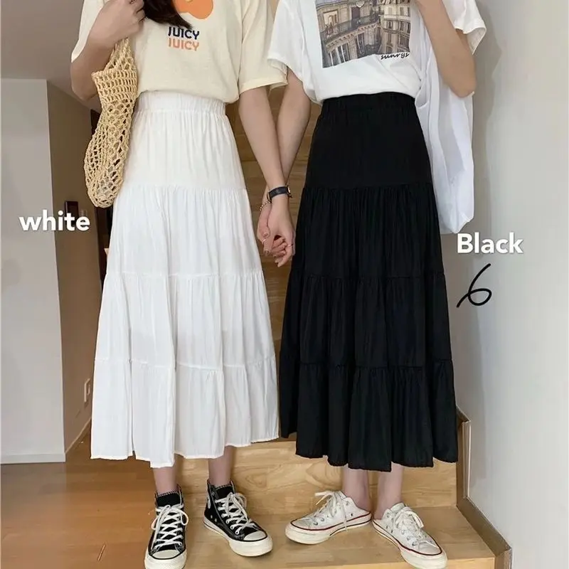 

Spring Summer Women Chiffon Skirts White Black Chic A-line Skirt Korean Fashion Preppy Style Vintage High Waist Patchwork Solid