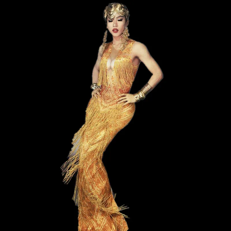 Золотое вечернее платье с кристаллами и кисточками сексуальное стразы для