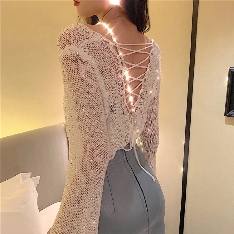 

V-neck Sequined Knit Sweater Crocheted Shirts Hollow Lace Up Sweater Sexy Beading Backless Pullovers Blouse Flare Sleeve Tops