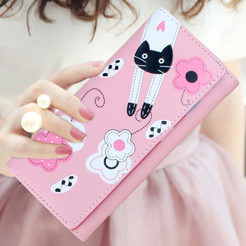 

Carton Cat Lady Purses Handbags Brand Design Women Wallet PU Leather Money Coin Purse Cards ID Holder Cartoon Printing
