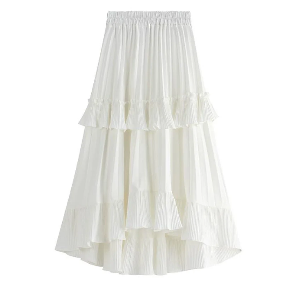 

Boho Ruffle Asymmetrical Long Skirt Women Chiffon Cake Pleated Skirts Female Summer Vintage Casual Solid Black White Maxi Faldas