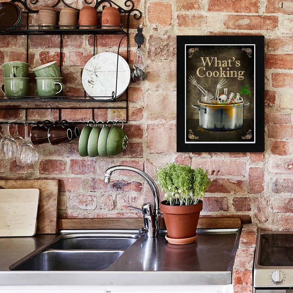 

Kitchen Poster Skulls Art What 's Cooking Retro Wall Art Canvas Painting for Restaurant Bar Decor Pictures Frameless Mural