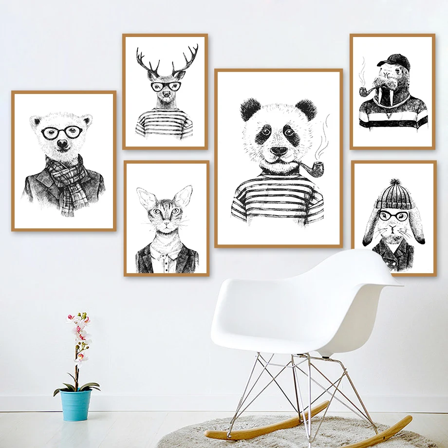 

Bear Elk Cat Panda Hippo Bunny Pipe Glasses Hat Wall Art Canvas Painting Nordic Posters And Prints Wall Pictures Kids Room Decor