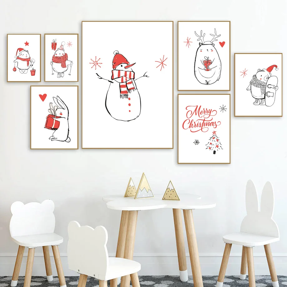 

Minimalist Sketch Elk Snowman Picture Cartoon Canvas Poster Merry Christmas Decor Painting Happy New Year Kids Room Decor