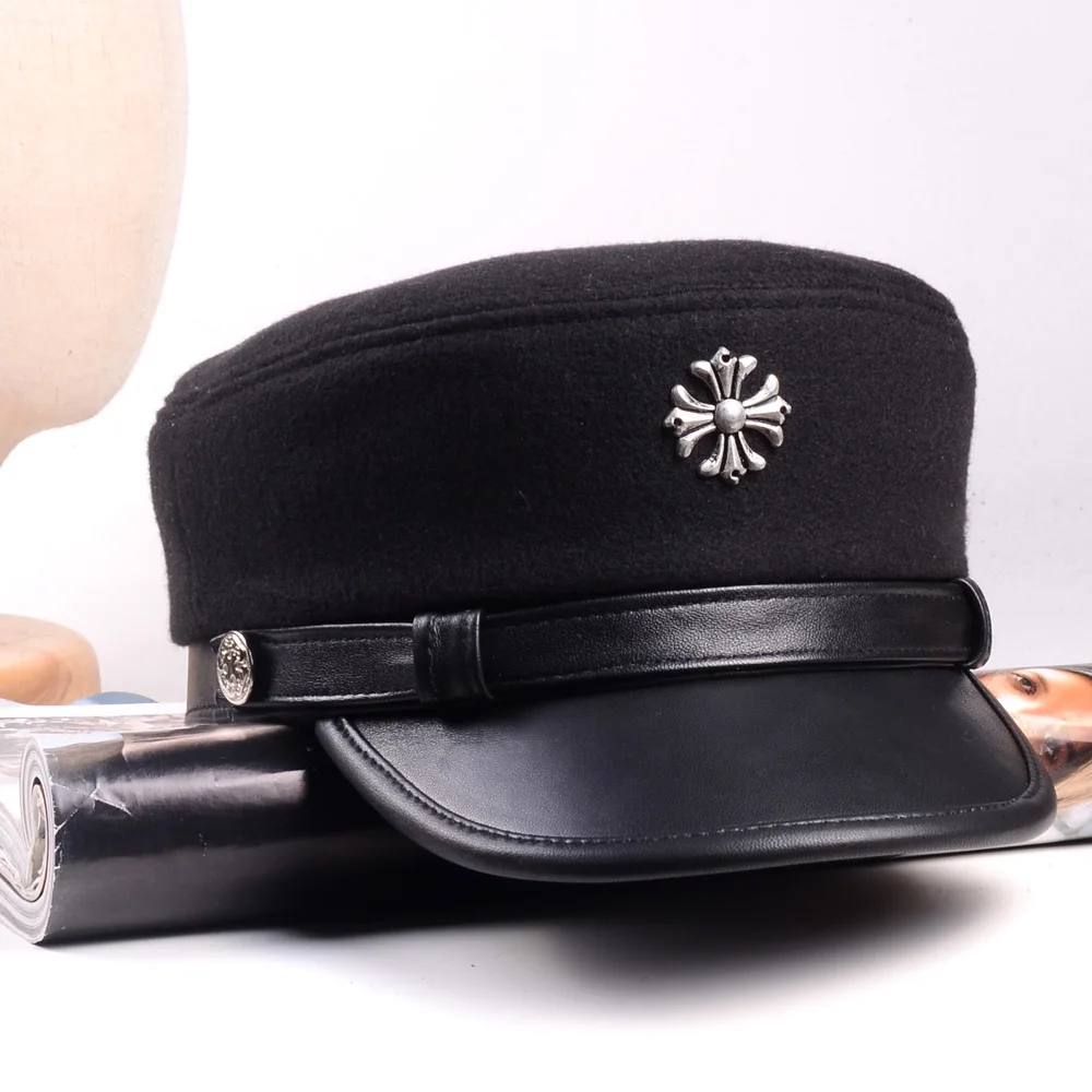 Кепка из натуральной кожи и шерсти для мужчин женщин Регулируемый военный берет