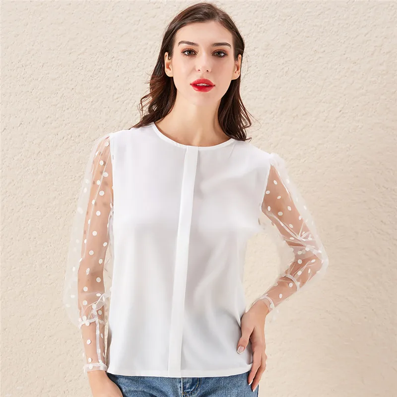

Fashion Women Long Sleeve Blouse Polka Dots Printed Lantern Sleeve Office Shirt Tops Casual Mesh O-Neck Blouse And Shirt Tops