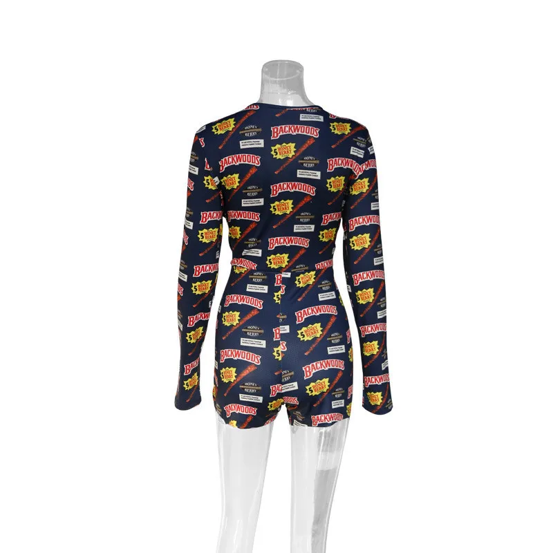 

Sexy Women Homewear Bodysuit Long Sleeve Button Deep V Neck Bodycon Stretch Slim Leotard Shorts Pajamas Print Skinny Overalls